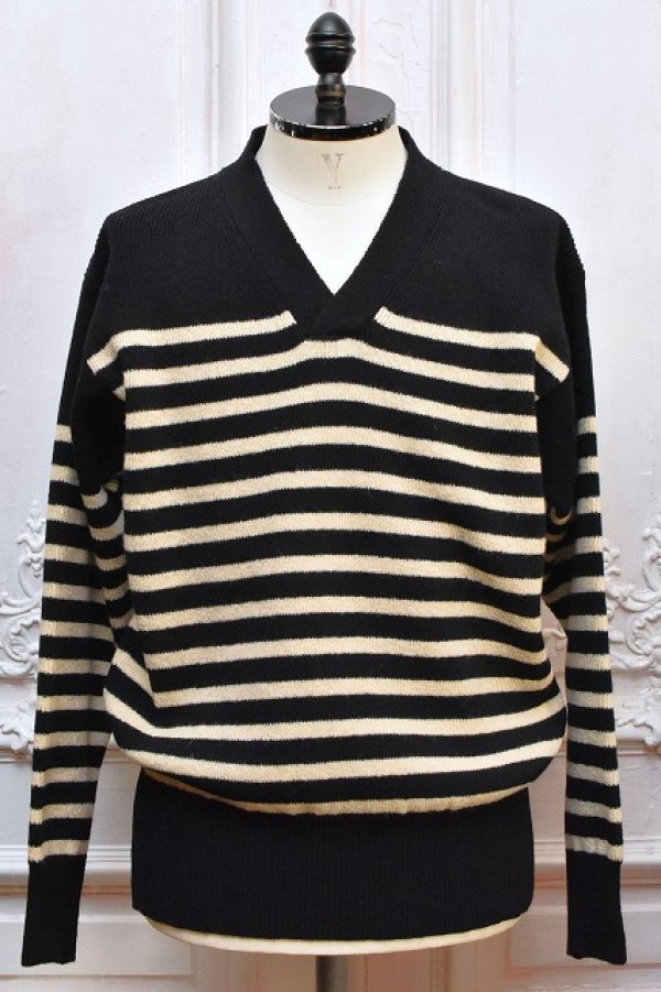 画像1: Slopeslow　" Cross Vneck Sweater - Hard twisted Shetlandwool "　col. Black x White