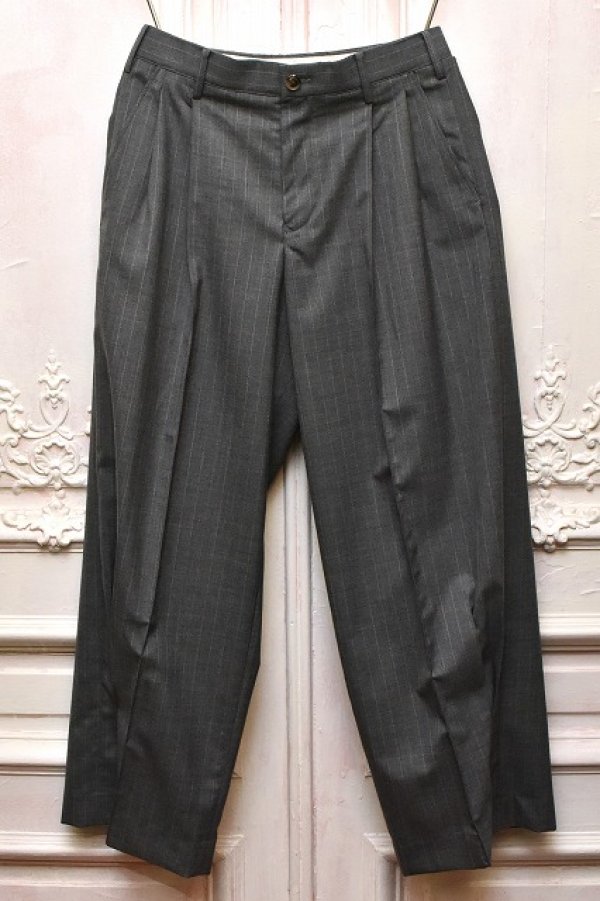 画像1: KHOKI　" Pleated Stripe Summer Wool Pants "　col.Grey